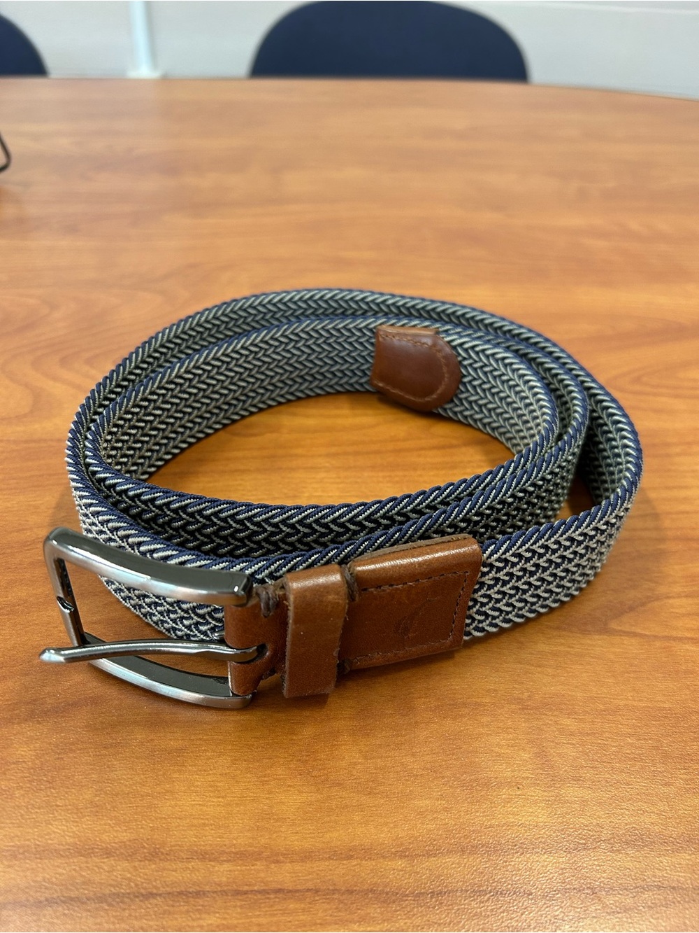 Tommy Bahama Navy and Gray Woven Stretch Belt with Brown Leather Trim L/XL